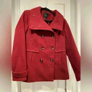 Forever 21 Dark Red Button Down Faux Wool High Snap Neck Pea Coat Size Small
